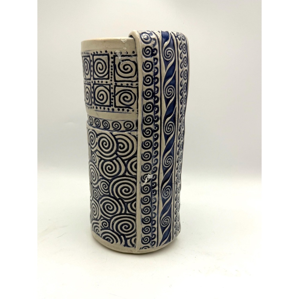 vtg Studio Pottery Vase Stamped Blue Glaze Geometric signed stoneware